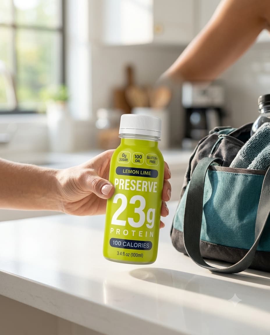 A hand holding a 3.4 oz Preserve protein shot